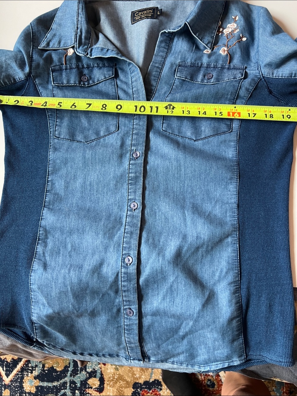 Cavalini Embroidered Denim Button-Down Shirt - Blue - Picture 7 of 8